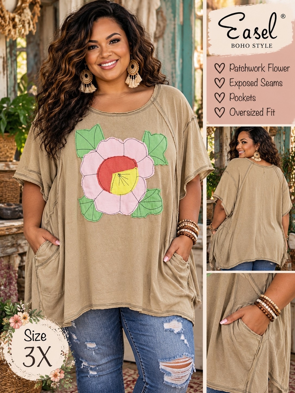 Easel Plus Size Tan Patchwork Flower Oversized Top